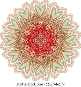 Complex guilloche rosette with heart-shaped petals in a two-color palette of red and green.