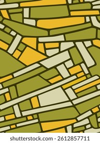Complex hand drawn composition of rectangular cells with dark khaki outlines and filled with white, yellow and grassy green colors, evoking leaf anatomy or modular tile patterns