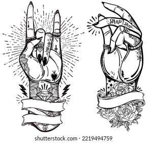 complex hand snap tattoo design vector art clipart	
