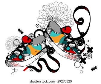 Complex hand-drawn illustration of funky shoes over grungy background, vector