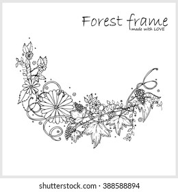 Complex hand-drawn vector vintage corner. Forest or garden herbs, flowers, leaves, branches, flourishes, swirls. Element for wedding, birthday, festive design.  Black line isolated on white background