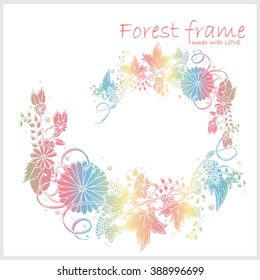 Complex hand-drawn vector vintage corner. Forest or garden herbs, flowers, leaves, branches, flourishes, swirls. Element for wedding, birthday  design.  Beautiful gradient, magic colors