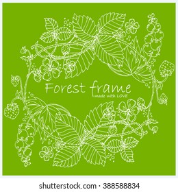Complex hand-drawn vector vintage frame. Forest or garden herbs, flowers, leaves, branches, flourishes, swirls. Element for wedding, birthday or festive design.  White line on ecology green background