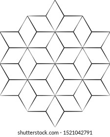 A complex hexagon of lines and rhombs. Geometric icon.