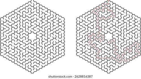 Complex hexagonal maze illustration showing a path and solution to a challenging riddle