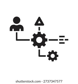 Complex hierarchy structure showing person connected to various shapes and gears representing organization system workflow network multifaceted process