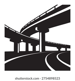 Complex highway overpass structure captured in a striking black and white silhouette high-quality professional detailed