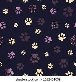 Complex illustration print in cream, burgundy, lilac, grey and black. Seamless pattern with cats and dogs paw prints on grid background. Perfect for gifts, wallpaper, fabric and scrapbooking.