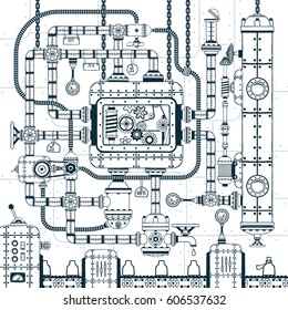 Complex industrial automatic conveyor machine. Interlacing of pipes, mechanisms, devices in doodle style. Vector illustration.