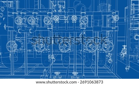 A complex industrial blueprint featuring detailed piping, valves, and mechanical components on a blue background. Vector. 3D Illustration