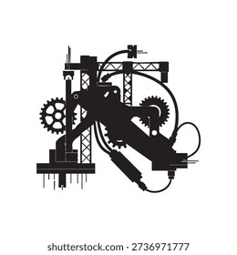 Complex industrial machinery silhouette vector illustration. Abstract mechanical system featuring gears pulleys and structural cranes. Black solid graphic representing heavy industry manufacturing automation and engineering power. Perfect for technology innovation and industrial design projects.