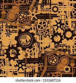 Complex industrial mechanisms with pipes, gears, measuring instruments of a submarine, spaceship or other device. Abstract background. Vintage image.