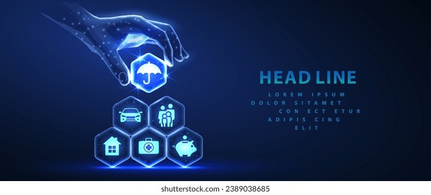 Complex insurance plan. Hexagons with icons made pyramid and hand holding the top element. Virtual AI assistant, Insurance plane, Artificial agent, digital technology, AI integrate, futuristic service