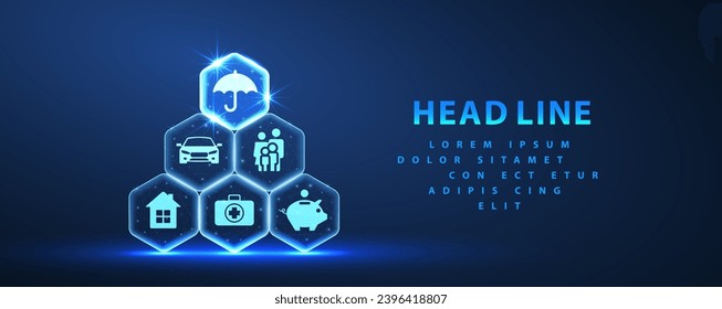 Plan de seguro complejo. Hexagons hizo la pirámide con el icono del paraguas en el elemento superior. Auxiliar de IA virtual, Sistema de seguros, agente artificial, tecnología digital, integración de IA, servicio futurista