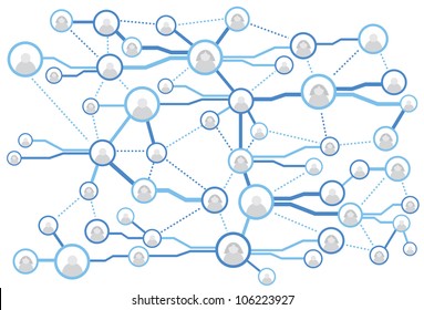 Complex interconnected diagramatic presentation of business and social networking with nodes surrounded by an array of contacys in circles.
