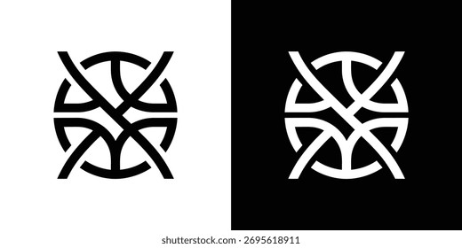 Complex interwoven circle pattern graphic design. Features abstract black and white knot symbol on contrasting background.