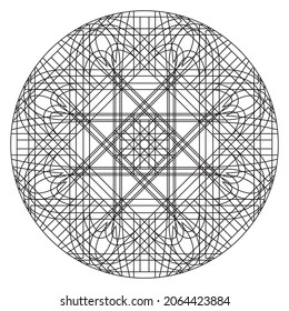 Complex intricate black grometric line pattern inside a circle creates a decorative round design element with star at centre