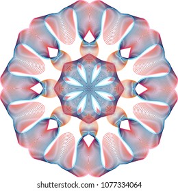 Complex inward cut petal guilloche rosette set with multiple layers of red and blue gradients.