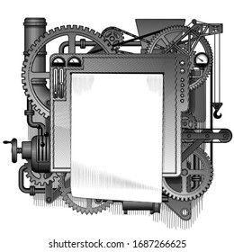 Complex iron fantastic machine with a paper sheet isolated on white. Steampunk style template, poster and techno symbol. Vintage engraving stylized drawing. Vector illustration