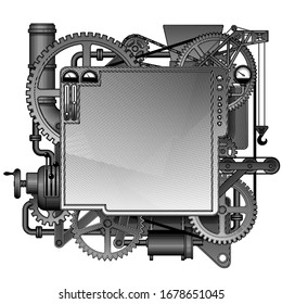 Complex iron fantastic machine. Steampunk style template, poster and techno symbol. Vintage engraving stylized drawing. Vector illustration