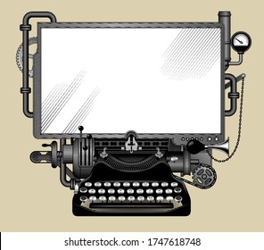 Complex Iron Steampunk Computer With A White Screen. Template, Poster And Techno Symbol. Vintage Engraving Stylized Drawing. Vector Illustration