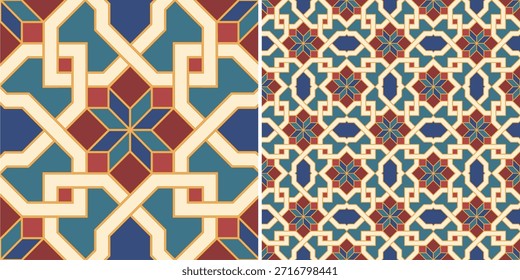 Complex Islamic star geometry ceramic tile with rich multicolor details, inspired by traditional Middle Eastern and Mediterranean tilework. Seamless pattern included.