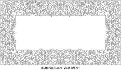 A complex isometric architectural frame featuring a repeating maze of rooms, stairs, and corridors in a clean black and white line art style.