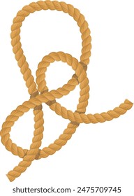 Complex knot tied using thick rope. Nautical rope knot illustration isolated white background. Detailed beige rope twisted into intricate looping pattern