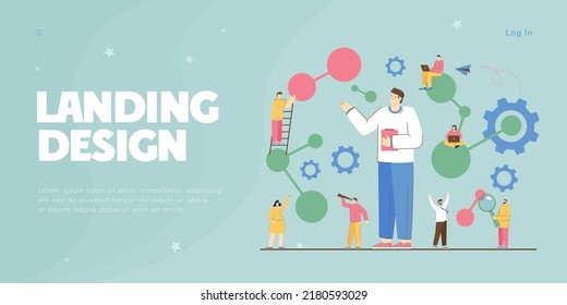 Complex laboratory research on models by tiny scientists. People studying algorithms and science processes, technology of machine learning flat vector illustration. Artificial intelligence concept