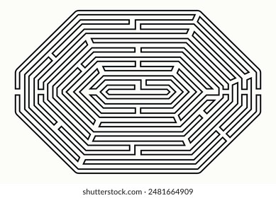 Complex labyrinth (maze) vector. Labyrinth game illustration. Irregular polygon shape.