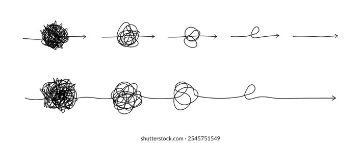 Complex line and Complicated way. Idea thinking process concept. Messy ball becomes a straight line concept. Vector illustration