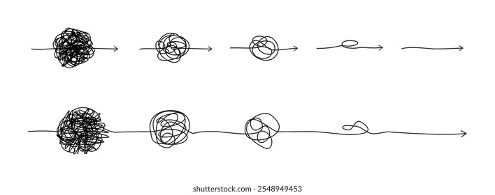 Complex line and Complicated way. Idea thinking process concept. Messy ball becomes a straight line concept. Vector illustration