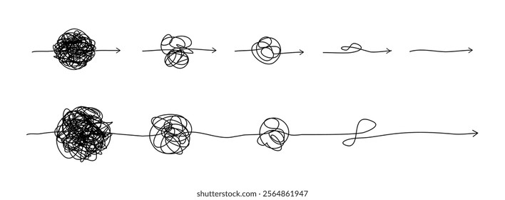 Complex line and Complicated way. Idea thinking process concept. Messy ball becomes a straight line concept. Vector illustration