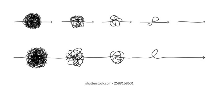 Complex line and Complicated way. Idea thinking process concept. Messy ball becomes a straight line concept. Vector illustration