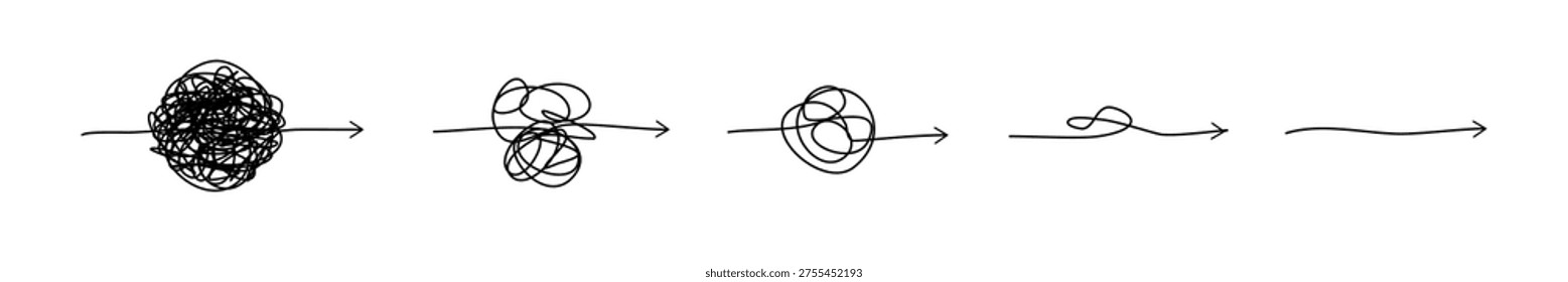 Complex line and Complicated way. Idea thinking process concept. Messy ball becomes a straight line concept. Vector illustration