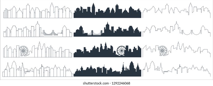 Complex line, continuous line and flat black city skyline silhouette. Skyscrapers background vector illustration.