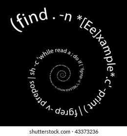 complex linux command in white spiral on black background