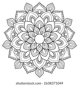 Complex Mandala Coloring Page Vector - Multi-Layer Floral Lotus Pattern Adult Meditation Art Black White Line Design Printable Stress Relief