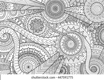 Complex mandala movement design for adult coloring book and background