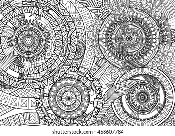 Complex mandala movement design for adult coloring book and background