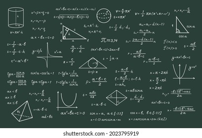 Cálculos matemáticos complejos con la ilustración de pizarra verde tiza. Fórmulas trigonométricas con cálculo algebraico con dibujos geométricos ecuaciones básicas y teorema. Universidad de vectores.