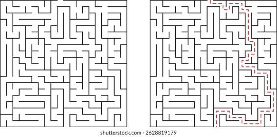 Ilustración compleja del laberinto que muestra el camino a la solución con la guía de línea punteada roja
