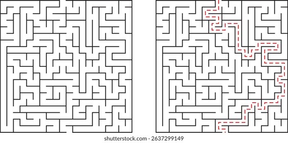 Complex maze illustration showing the path through challenging labyrinth with red solution