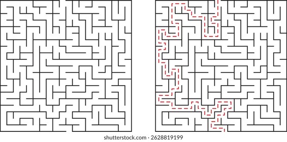 Complex maze illustration showing an unsolved maze and the solution path for success