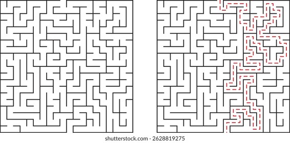 Complex maze illustration with solution path shown in red creating a visual puzzle