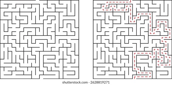 Complex maze illustration with a solved path showing solution and route finding