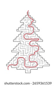 Complex maze puzzle game. Christmath tree as a labyrinth No.2 with way. Puzzle for Christmas or New Year holiday. EPS 10, vector illustration