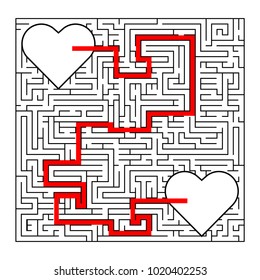 Complex maze puzzle game (high level of difficulty) with way (exit or answer). Success. 2 loving hearts in a labyrinth. Puzzle for St. Valentine Day (14 February) Find your true love
