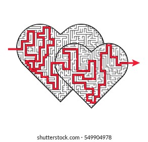 Complex maze puzzle game (high level of difficulty) with way (exit or answer). Success. 2 loving hearts as a labyrinth. Puzzle for St. Valentine Day (14 February) 