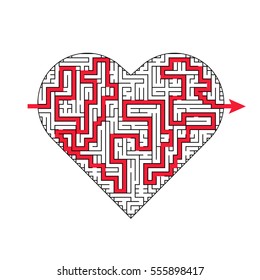 Complex maze puzzle game (high level of difficulty) with way (exit or answer). Success. Heart as a labyrinth. Puzzle for St. Valentine Day (14 February) 